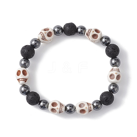 Halloween Skull Synthetic Turquoise & Round Lava Rock & Synthetic Non-Magnetic Hematite Beaded Stretch Bracelets for Women BJEW-JB10656-01-1