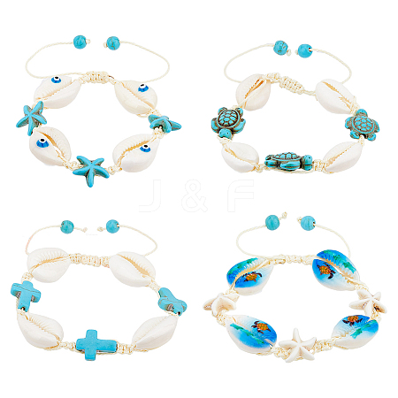 FIBLOOM 4Pcs 4 Style Natural Shell with Evil Eye Braided Bead Bracelets Set BJEW-FI0001-74-1