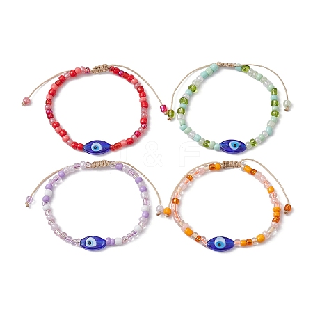 4Pcs 4 Colors Evil Eye Lampwork & Glass Seed Braided Bead Bracelets Set BJEW-JB09706-S-1