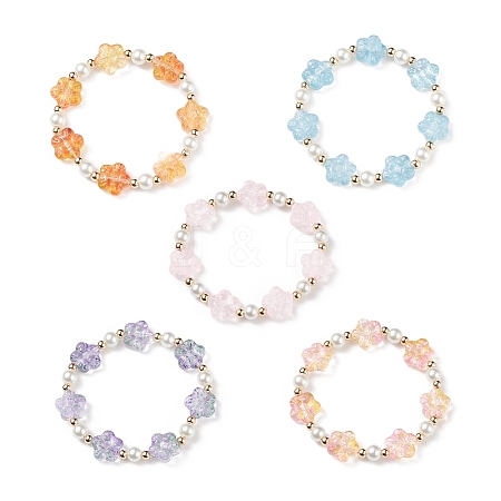 5Pcs 5 Color Glass Plum Blossom & Imitation Pearl Beaded Stretch Bracelets Set BJEW-JB08943-1