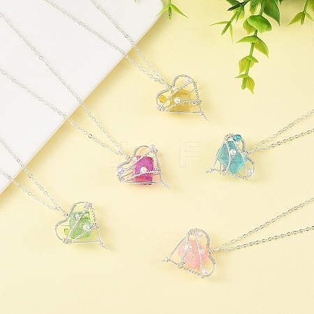 5Pcs 5 Colors Electroplated Natural Quartz Heart Copper Wire Wrapped Pendant Brass Cable Chain Necklaces for Women NJEW-TA00256-1