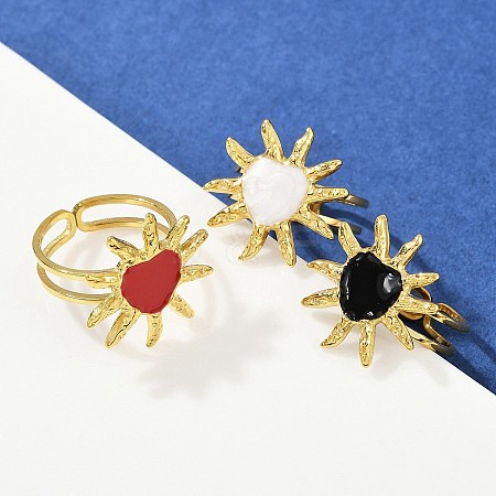 Heart Sun 304 Stainless Steel Enamel Finger Rings for Women RJEW-G355-08G-1