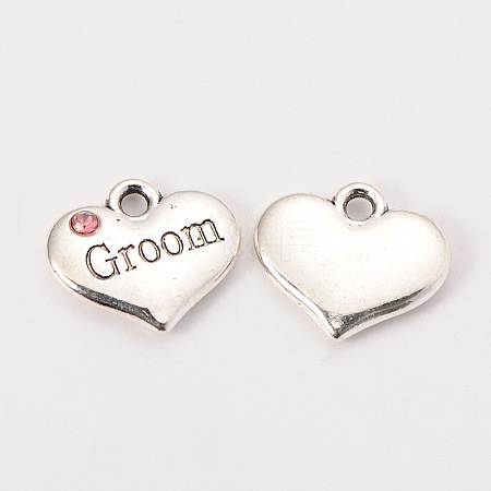 Wedding Theme Antique Silver Tone Tibetan Style Alloy Heart with Groom Rhinestone Charms TIBEP-N005-20B-1