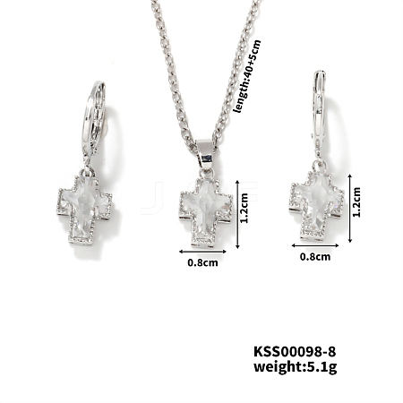 Elegant Cross Brass Rhinestones Necklace & Hoop Earrings Set for Women XB3228-7-1
