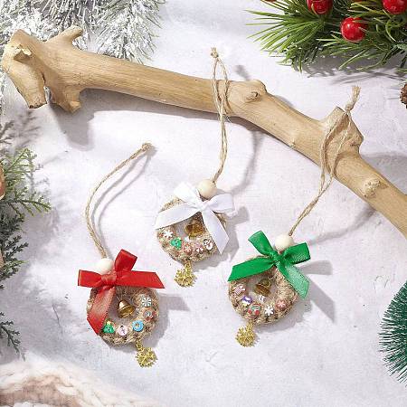 3Pcs Christmas Wood & Polyester Bowknot Pendant Decorations HJEW-JM04193-1