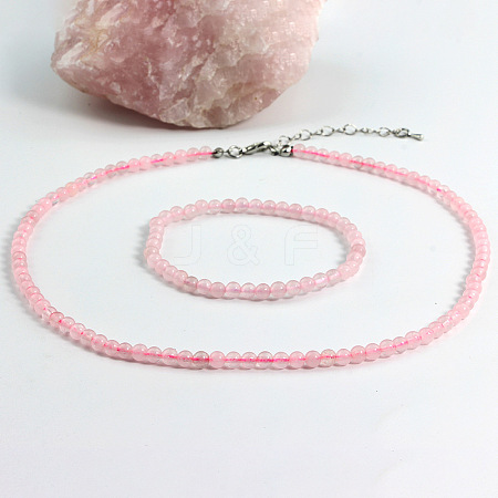 Natural Rose Quartz Round Beaded Necklaces & Stretch Beaded Bracelets Sets WG4DE29-01-1