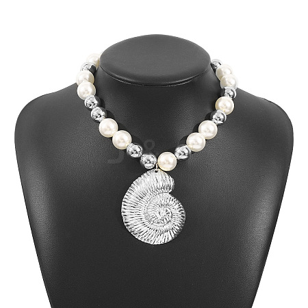 Shell Shape Alloy Pendant Plastic Imitation Pearl & CCB Plastic Round Beaded Necklaces for Women FS-WG1A62A-02-1