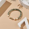 Imitation Green Quartz Glass & Natural Pearl & Brass Flower Beaded Stretch Bracelet for Women BJEW-JB09006-2
