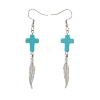 Synthetic Turquoise Cross with Alloy Feather Dangle Earrings EJEW-TA00150-2