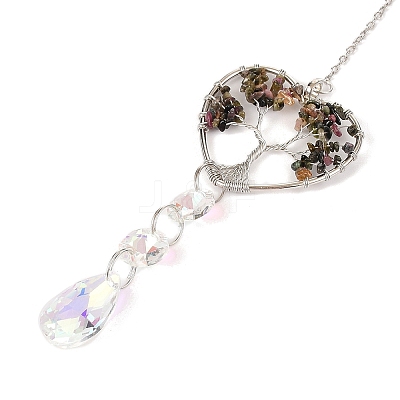 Wire Wrapped Natural Tourmaline Heart with Tree of Life Pendant Decorations HJEW-K046-02P-01-1