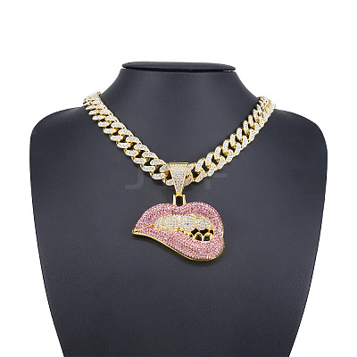 Zinc Alloy Full Rhinestone Lip Pendant Cuban Link Chain Necklaces for Men FS-WG26C72-03-1