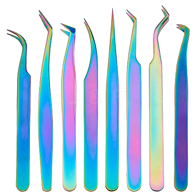 8Pcs 8 Styles 430 Stainless Steel Eyelash Tweezers Clips TOOL-FH0001-57-1
