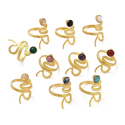316 Stainless Steel with Natural Mixed Gemstone Cuff Rings RJEW-Z098-01G-07-1