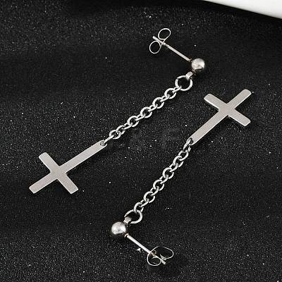 Christian Upside Down Cross 201 Stainless Steel Dangle Stud Earrings LS-EJEW-P314-01B-P-1