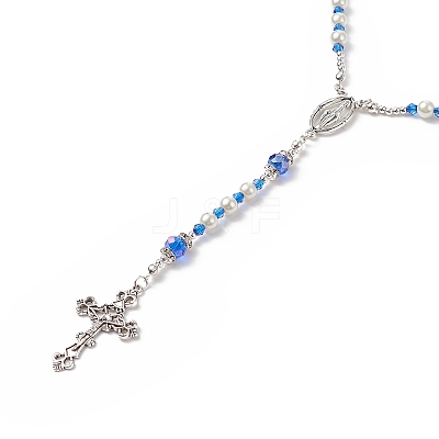 Glass Pearl & Acrylic Rosary Bead Necklace NJEW-TA00041-01-1