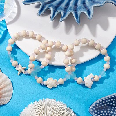 3 Pcs Synthetic Turquoise & Wood & Glass Beaded Stretch Bracelets for Boys Girls BJEW-JB11129-1