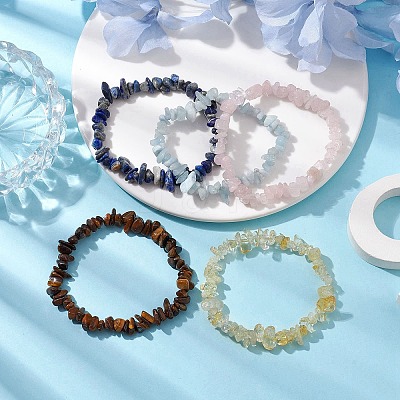 12 Constellation Natural Mixed Gemstone Chip Beaded Stretch Bracelets Sets for Women Men BJEW-JB10264-04-1