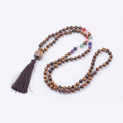 Natural Tiger Eye Tassel Pendant Necklaces NJEW-P193-A07-1