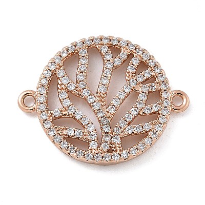 Rack Plating Brass Micro Pave Clear Cubic Zirconia Flat Round with Tree Connector Charms KK-A234-034RG-1