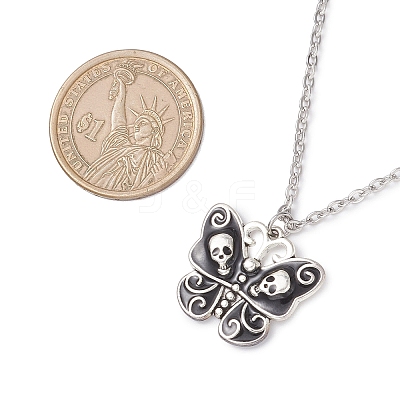 Alloy Enamel Halloween Skull Butterfly Pendant 304 Stainless Steel Cable Chain Necklaces NJEW-JN05446-1