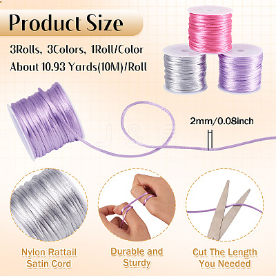 3 Rolls 3 Colors Nylon Satin Rattail Cords NWIR-TA0001-45B-1