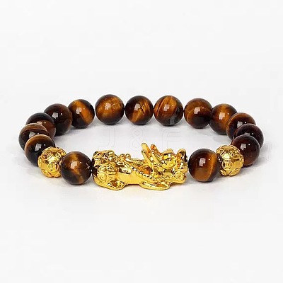 Golden Plated Alloy Pi Xiu 8MM Natural Tiger Eye Round Beaded Stretch Bracelet for Men QJ0349-5-1