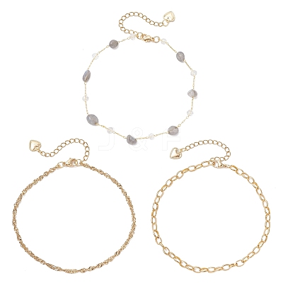 Natural Morganite Nuggets & 304 Stainless Steel Link Chain 3 Layer Anklets for Women AJEW-AN00743-02-1