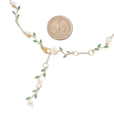 Brass Micro Pave Green Cubic Zirconia & Imitation Pearl Flower Branch Link Chain Necklaces for Women NJEW-JN05309-1