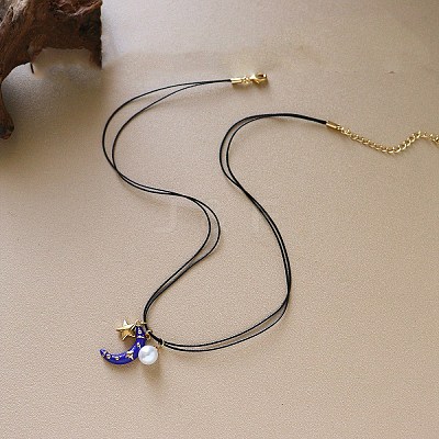 Brass Enamel Blue Crescent Moon Pendant Black Imitation Leather Cord 2-Strand Necklaces for Women WG612AC-01-1