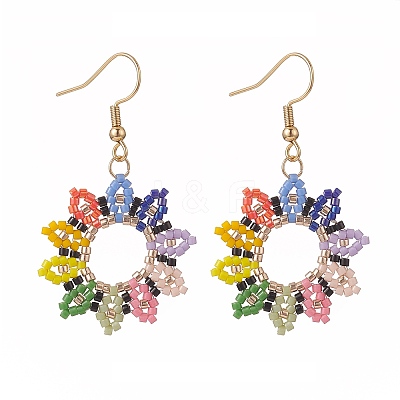 Glass Seed Beaded Sunflower Dangle Earrings EJEW-MZ00047-1