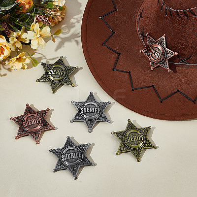 6Pcs 3 Colors Star of David with Word Sheriff Alloy Lapel Pins for Backpack Clothes JEWB-HY0001-52-1