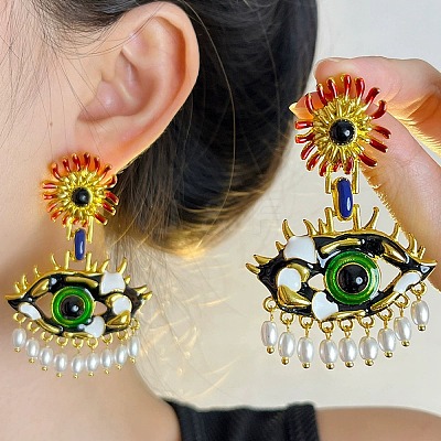 Alloy Enamel Evil Eye Dangle Stud Earrings EJEW-C144-01G-1