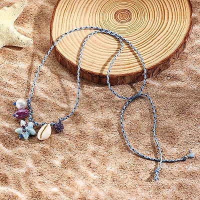 Summer Beach Porcelain Fish & Natural Cowrie Shell Pendant Cotton Cord Adjustable Necklaces FS-WG63638-02-1