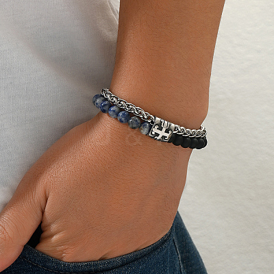 Natural Blue Spot Jasper and Frosted Obsidian Round Beaded 2-Strand Bracelets with 201 Stainless Steel Wheat Chains for Men Women NT5911-2-1