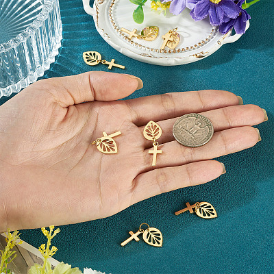 10Pcs Cross with Leaf Brass Pendants PALLOY-TAC0273-1