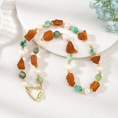 Raw Rough Natural Amber & Round Green Line Jasper & Potato Pearl Beaded Necklaces with Brass Screw Carabiner Lock Charms NJEW-JN06583-02-1