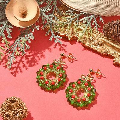Glass Christmas Wreath Dangle Stud Earrings EJEW-TA00243-1