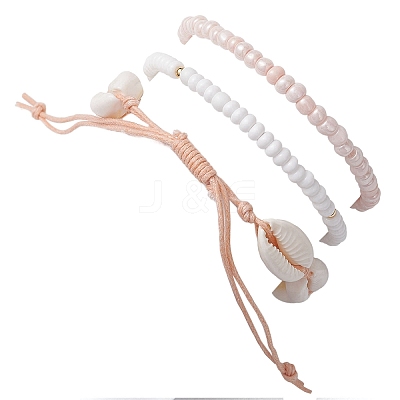 Summer Beach Natural Mixed Cowrie Shell Glass & Alloy Beaded Stretch Bracelet & Braided Bead Bracelets Sets BJEW-JB10838-1