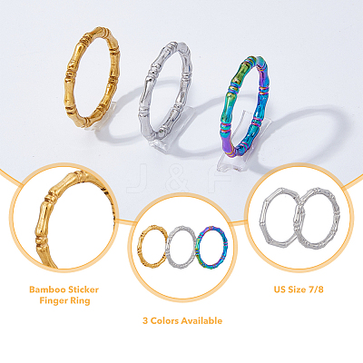 12Pcs 6 Style 304 Stainless Steel Bamboo Sticker Finger Ring for Women RJEW-DC0001-14-1