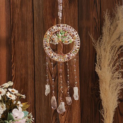 Copper Wire Wrapped Tree of Life Glass & Natural Green Aventurine Suncatchers HJEW-F027-14-1