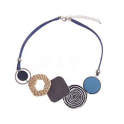Bohemian Style Alloy and Raffia Geometric Pendant PU Leather Cord Bib Necklaces FS-WG7F958-02-1