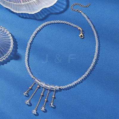 Round Natural Quartz Crystal & Glass Graduated Beaded Tassel Necklaces with Brass Cable Chains for Women NJEW-TA00236-1