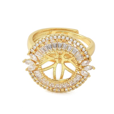 Flat Round Brass Micro Pave Cubic Zirconia Adjustable Ring Settings KK-K297-06G-1