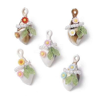 5Pcs 5 Colors Acrylic Spiral Shell & Resin Flower & ABS Plastic Imitation Pearl Beaded Ring Pendants PALLOY-JF03889-S-1