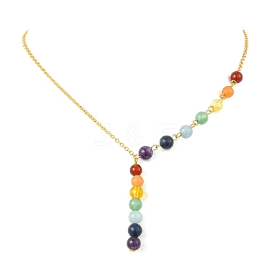 Chakra Round Natural Gemstone Beaded Pendant Brass Cable Chain Necklaces for Women NJEW-JN06266-1