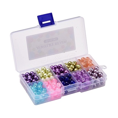 Lavender Garden Mixed Crackle Glass & Glass Pearl Bead Sets HY-X0009-8mm-01-1