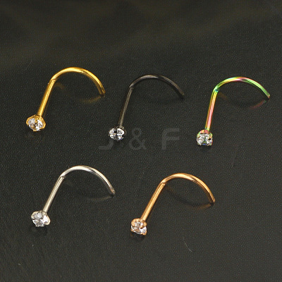 304 Stainless Steel Micro Pave Clear Cubic Zirconia Flat Round Fishtail Nose Rings WG924B3-02-1