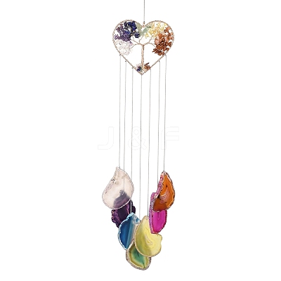 Brass Wire Wrapped Chakra Natural Gemstone Chips Hanging Ornaments AJEW-B028-01G-03-1