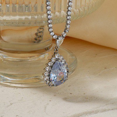 Brass Rhinestone Teardrop Pendant Necklaces for Women AT5117-2-1