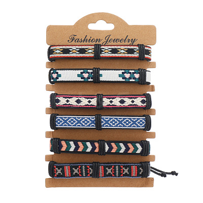 6Pcs 6 Colors PU Leather & Cotton Braided Cord Bracelets Set PW-WG43775-03-1